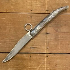 Au Sabot 16.5cm Corsican Navaja Ring Pull Stainless Pocket Knife Horn W Brass Crest