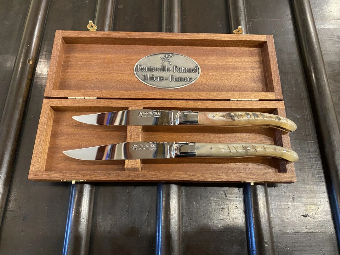 New 👍 Fontenille Pataud 'Laguiole Steak' - Ram Horn - Set Of 2 🥰 4 Fontenille Pataud 'Laguiole Steak' - Ram Horn - Set Of 2