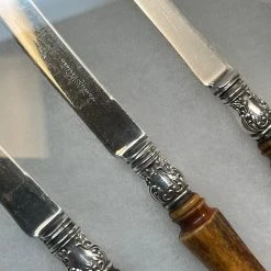 Vintage Antique Meridan Dessert Knives Silverplate & Stag Tip In Shadow Box