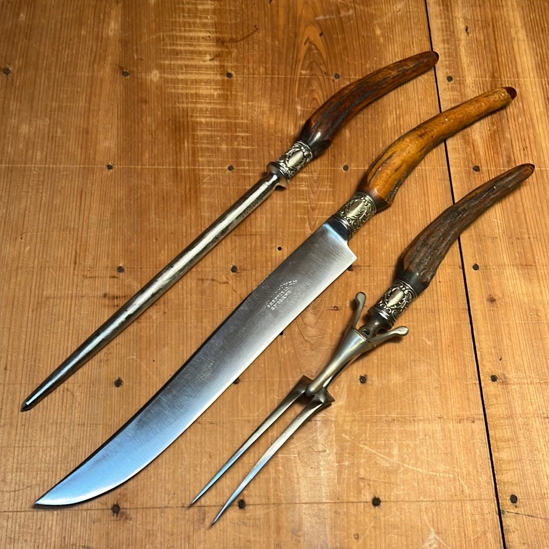 Flash Sale 🎁 Vintage George Cowen 3 Pc Carving Set Carbon Steel Sheffield Stag Tip ~1890's-1910ish? Used Vintage 😀 3 Vintage George Cowen 3 Pc Carving Set Carbon Steel Sheffield Stag Tip ~1890's-1910ish? Used Vintage
