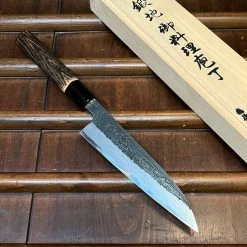 Robert Herder - Windmühlenmesser Tsukasa Hinoura 150mm Petty Shirogami Warikomi Kitaeji Suminagashi Burnt Chestnut Horn