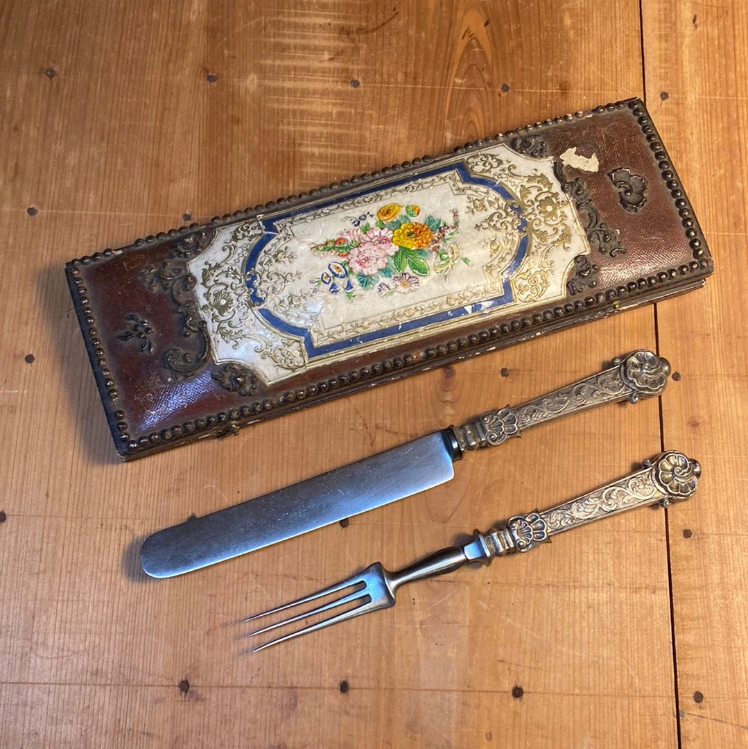 Flash Sale 🥰 Vintage Table | Steak Fork And Knife Set Forged Carbon Steel & Coin Silver (?) German ? Late 19th C ✔️ 3 Vintage Table | Steak Fork And Knife Set Forged Carbon Steel & Coin Silver (?) German ? Late 19th C