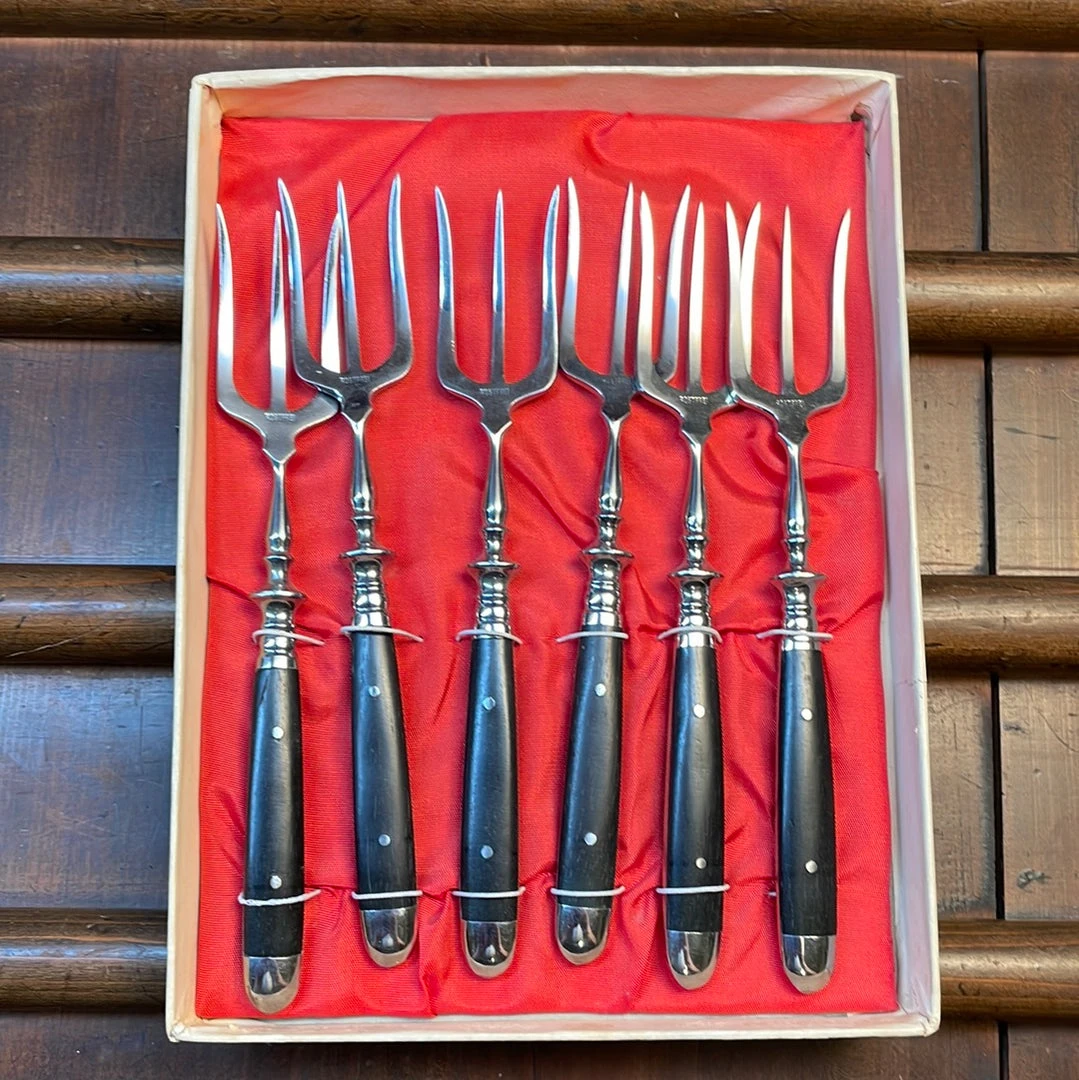 Hot Sale ๐ Bernal Cutlery Used Vintage Eichenlaub Sardine Forks Stainelss & Ebony Solingen Germany~1970's In Box ๐งจ 3 Bernal Cutlery Used Vintage Eichenlaub Sardine Forks Stainelss & Ebony Solingen Germany~1970's In Box