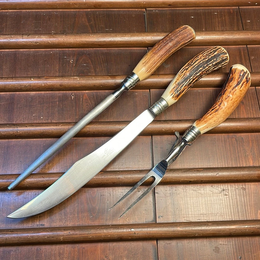 Hot Sale ๐ Bernal Cutlery Bear Brand Carving Set Stainless & Stag 1930's-50's ๐ฅฐ 3 Bernal Cutlery Bear Brand Carving Set Stainless & Stag 1930's-50's