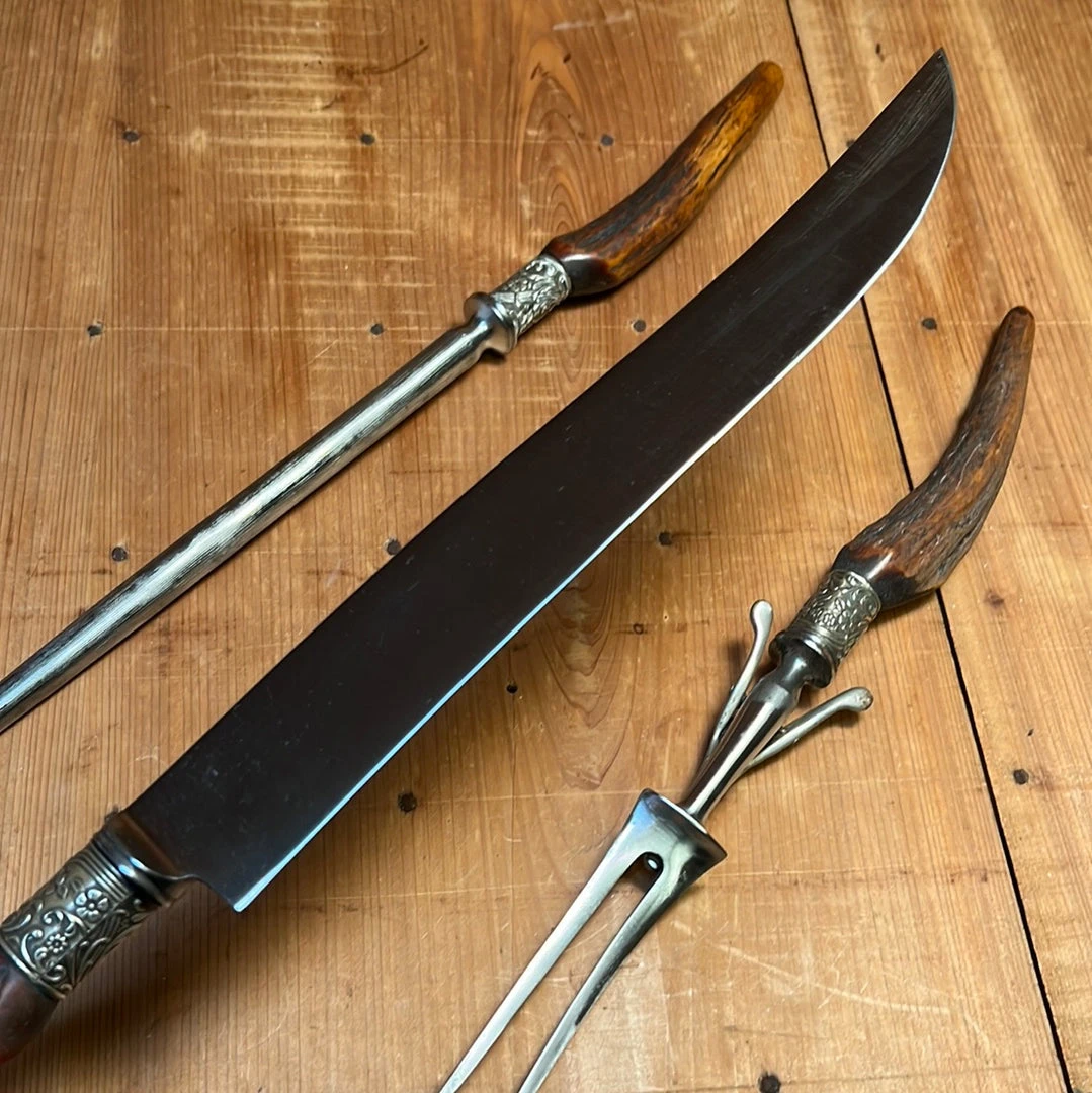 Flash Sale 🎁 Vintage George Cowen 3 Pc Carving Set Carbon Steel Sheffield Stag Tip ~1890's-1910ish? Used Vintage 😀 6 Vintage George Cowen 3 Pc Carving Set Carbon Steel Sheffield Stag Tip ~1890's-1910ish? Used Vintage