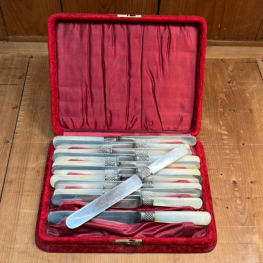 Promo ⌛ Vintage Table | Steak Landers Frary & Clark Set Of 12 Luncheon Knives Silverplate Carbon MOP In Box 😉 3 Vintage Table | Steak Landers Frary & Clark Set Of 12 Luncheon Knives Silverplate Carbon MOP In Box