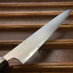 Hitohira Togashi 240mm Sujihiki Kasumi Stainless Clad Shirogami 1 Ebony Handle Black Horn