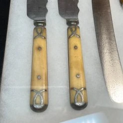 Vintage Antique American Tableware Meridan & Unmarked Pewter & Bone In Shadow Box 19th C