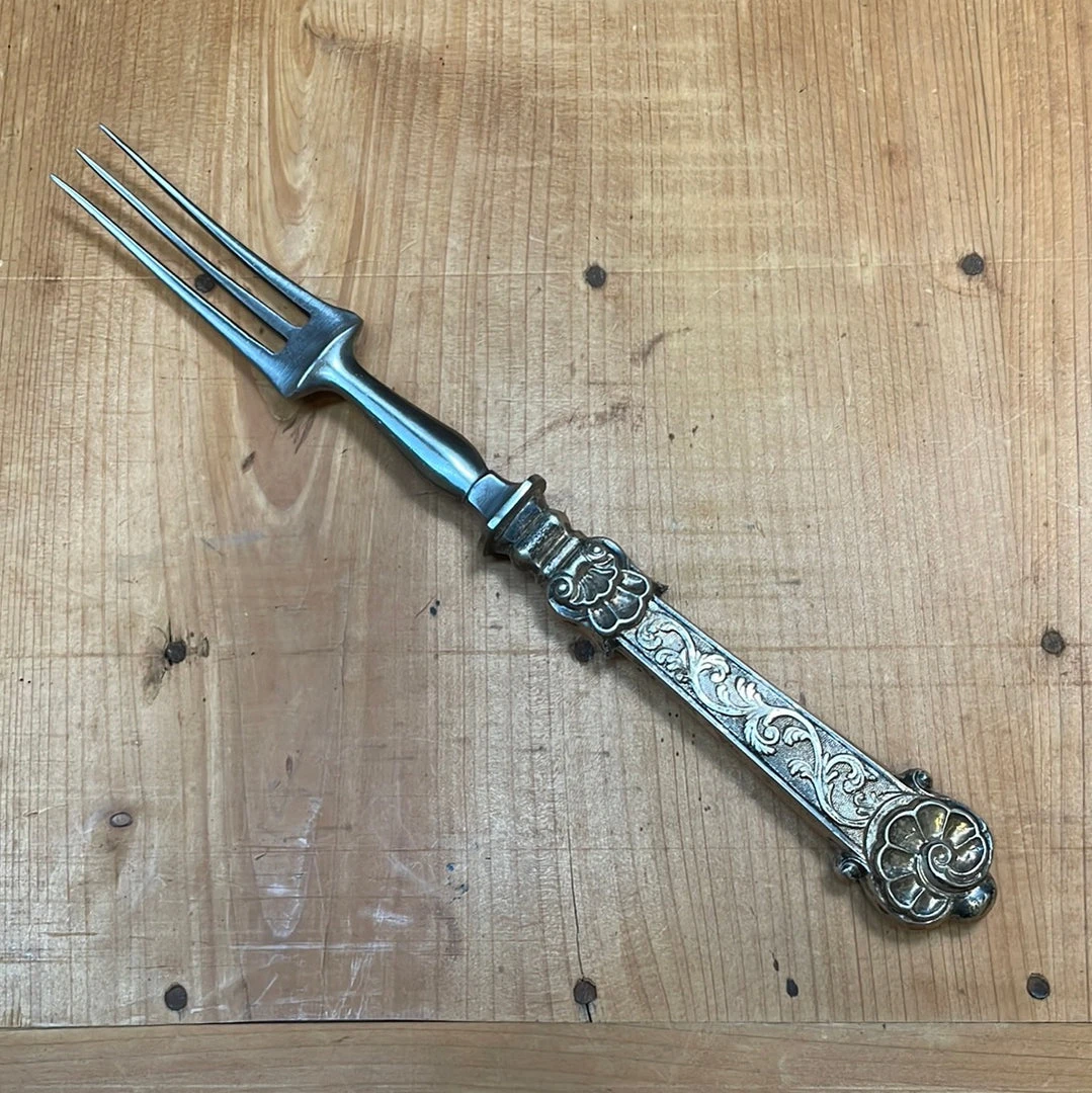 Flash Sale 🥰 Vintage Table | Steak Fork And Knife Set Forged Carbon Steel & Coin Silver (?) German ? Late 19th C ✔️ 6 Vintage Table | Steak Fork And Knife Set Forged Carbon Steel & Coin Silver (?) German ? Late 19th C