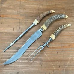 Bernal Cutlery A J Jordan Carving Set AAA1 Sheffield England Curved Blade Horn Tip Handles 1880's-1920's Used Vintage