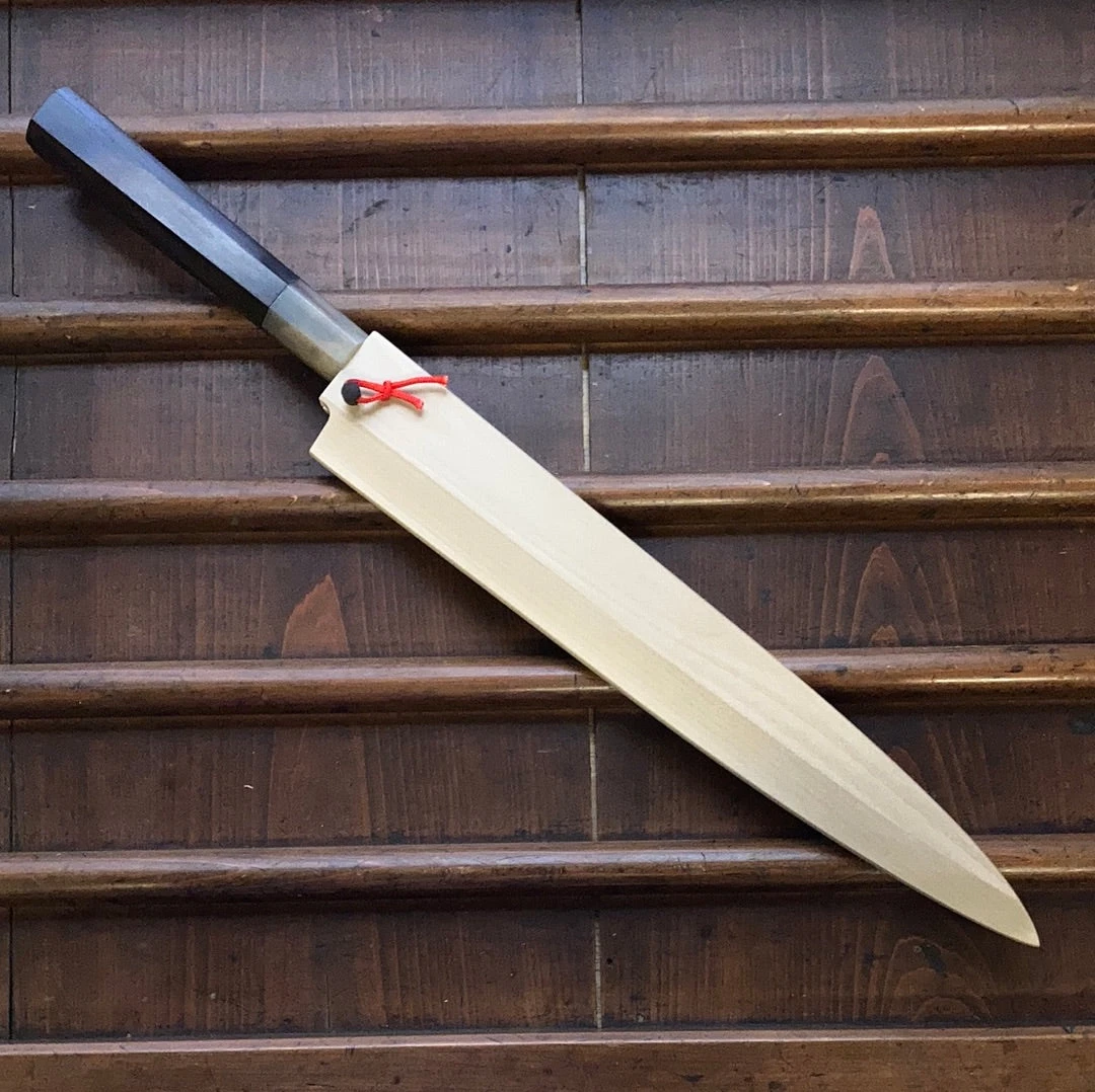 Promo ๐ Hitohira Tanaka Manzo 300mm Yanagi Aogami 1 Damascus Ebony W/ Saya ๐ 7 Hitohira Tanaka Manzo 300mm Yanagi Aogami 1 Damascus Ebony W/ Saya