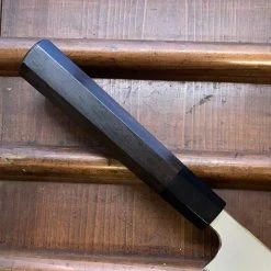 Hitohira Togashi 240mm Sujihiki Kasumi Stainless Clad Shirogami 1 Ebony Handle Black Horn