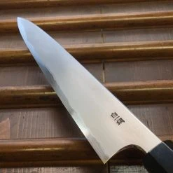 Hitohira Togashi 240mm Sujihiki Kasumi Stainless Clad Shirogami 1 Ebony Handle Black Horn