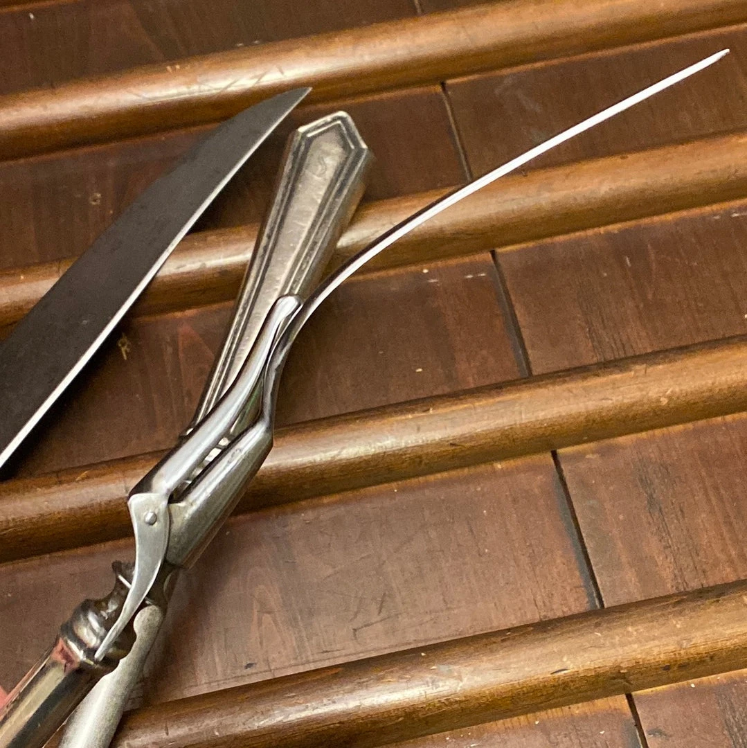 New โค๏ธ Bernal Cutlery Unmarked 3pc Carving Set Carbon Steel Sterling Handles USA 1890โs-1920โs? ๐ 13 Bernal Cutlery Unmarked 3pc Carving Set Carbon Steel Sterling Handles USA 1890โs-1920โs?