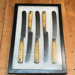 Vintage Antique American Table Knives Cast Pewter & Bone In Shadow Box 1860's-~1900
