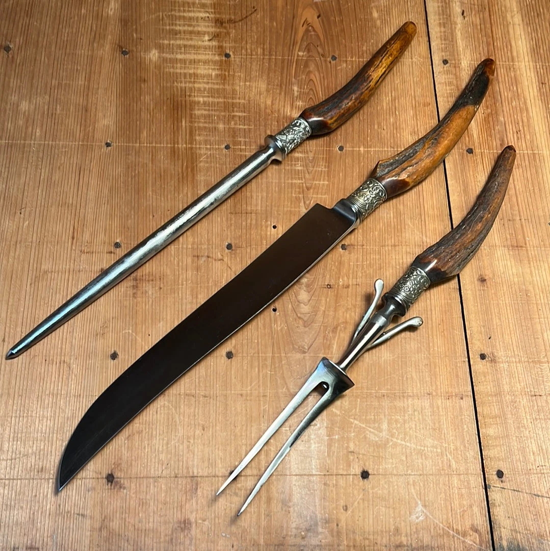 Flash Sale 🎁 Vintage George Cowen 3 Pc Carving Set Carbon Steel Sheffield Stag Tip ~1890's-1910ish? Used Vintage 😀 4 Vintage George Cowen 3 Pc Carving Set Carbon Steel Sheffield Stag Tip ~1890's-1910ish? Used Vintage