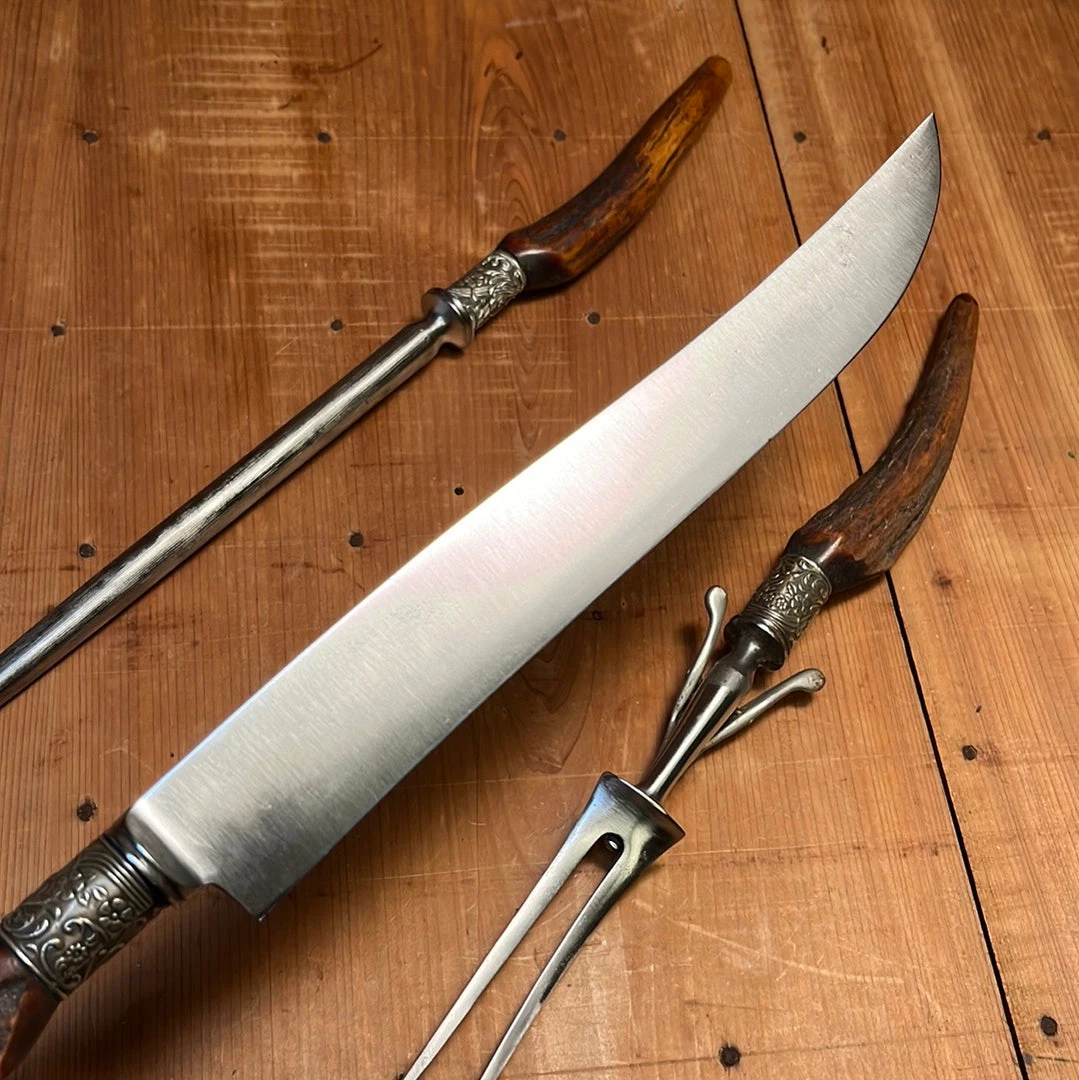 Flash Sale 🎁 Vintage George Cowen 3 Pc Carving Set Carbon Steel Sheffield Stag Tip ~1890's-1910ish? Used Vintage 😀 7 Vintage George Cowen 3 Pc Carving Set Carbon Steel Sheffield Stag Tip ~1890's-1910ish? Used Vintage