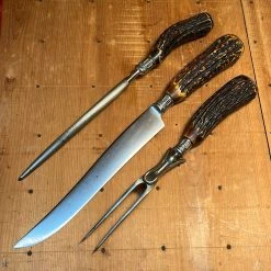 Vintage American Carving Set Carbon Steel Sterling Ferrules Stag ~1880's-1920's Used Vintage