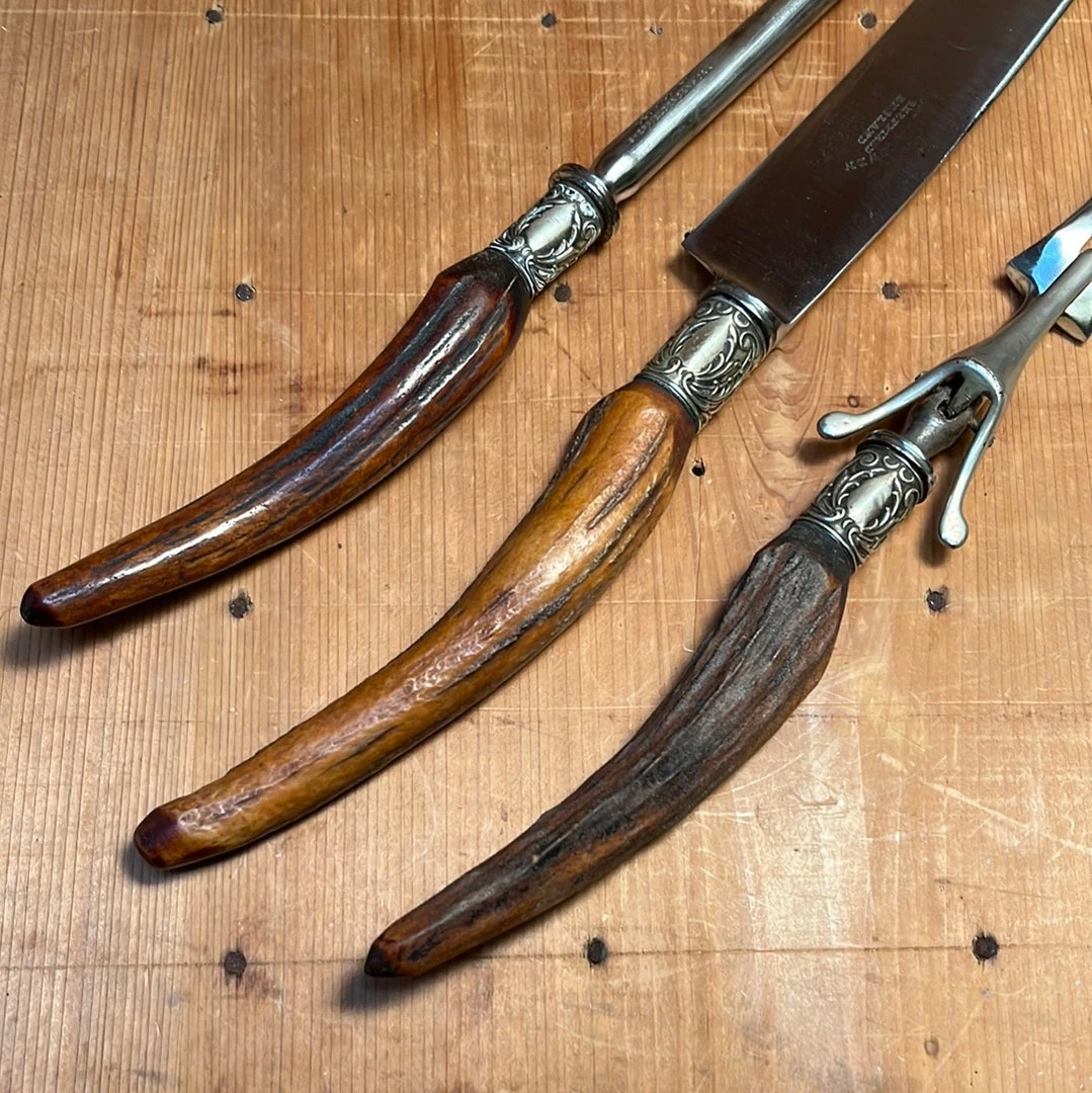 Flash Sale 🎁 Vintage George Cowen 3 Pc Carving Set Carbon Steel Sheffield Stag Tip ~1890's-1910ish? Used Vintage 😀 10 Vintage George Cowen 3 Pc Carving Set Carbon Steel Sheffield Stag Tip ~1890's-1910ish? Used Vintage