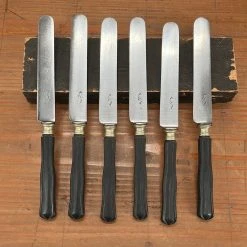 Vintage Used Vintage French Table Knives Carbon Steel Ebony Acier Fondu Late 19th Early 20th C