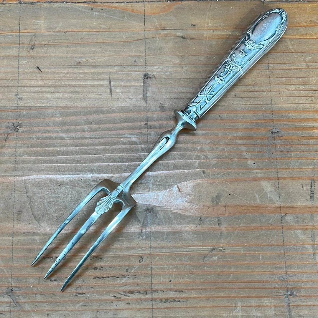 Promo โญ Vintage French Carving 3 Tined Fork Carbon Steel Silver Handle ๐ 5 Vintage French Carving 3 Tined Fork Carbon Steel Silver Handle