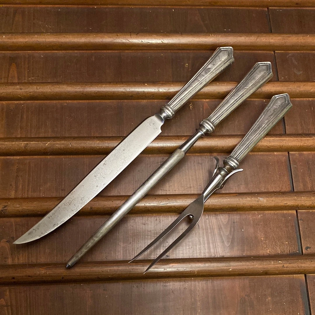 New โค๏ธ Bernal Cutlery Unmarked 3pc Carving Set Carbon Steel Sterling Handles USA 1890โs-1920โs? ๐ 3 Bernal Cutlery Unmarked 3pc Carving Set Carbon Steel Sterling Handles USA 1890โs-1920โs?