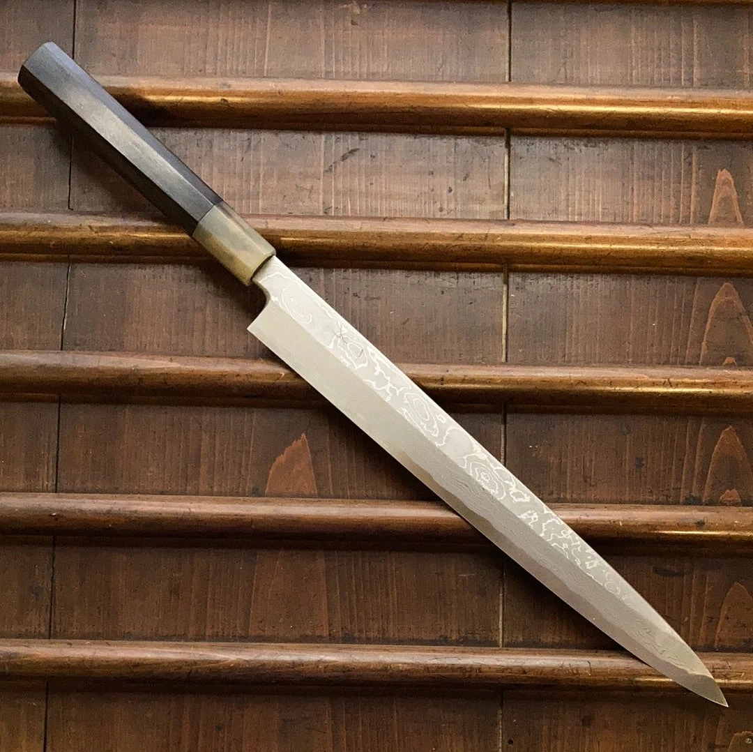 Promo ๐ Hitohira Tanaka Manzo 300mm Yanagi Aogami 1 Damascus Ebony W/ Saya ๐ 4 Hitohira Tanaka Manzo 300mm Yanagi Aogami 1 Damascus Ebony W/ Saya