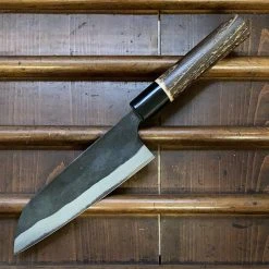 Nakajo Kaji-bei 165mm Santoku Iron Clad Aogami 2 Suminagashi Kurouchi Buffalo Horn Ring